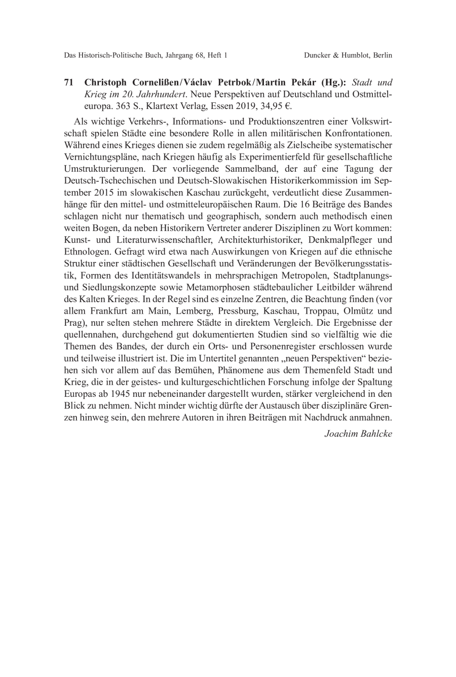 Christoph Cornelißen / Václav Petrbok / Martin Pekár (Hg.): Stadt und Krieg im 20. Jahrhundert. Neue Perspektiven auf Deutschland und Ostmitteleuropa.