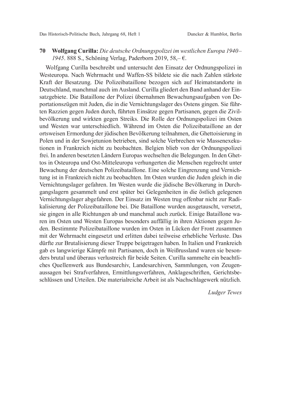 Wolfgang Curilla: Die deutsche Ordnungspolizei im westlichen Europa 1940 – 1945.