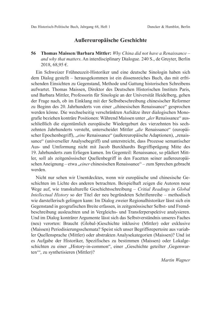 Thomas Maissen / Barbara Mittler: Why China did not have a Renaissance – and why that matters.