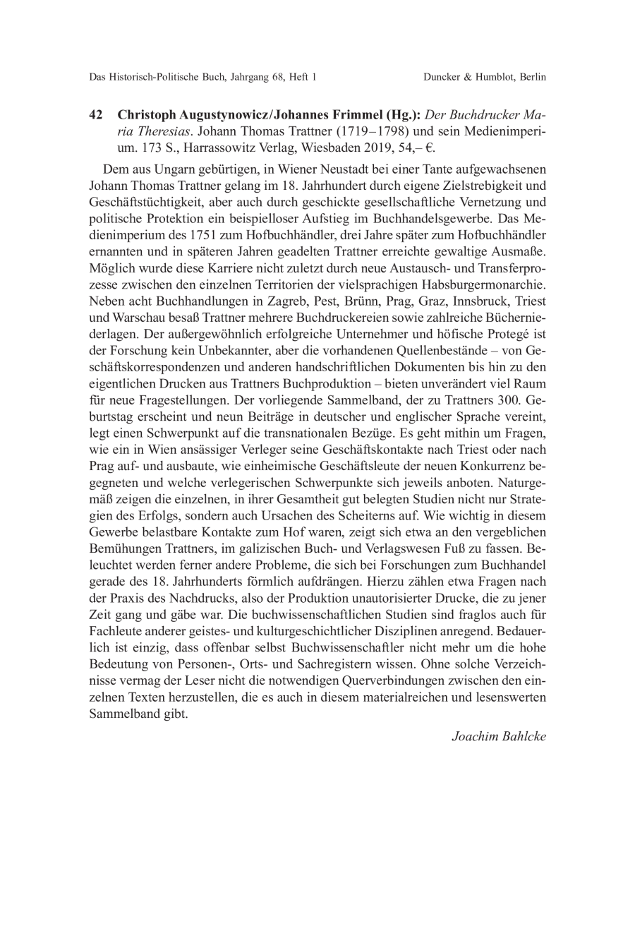 Christoph Augustynowicz / Johannes Frimmel (Hg.): Der Buchdrucker Maria Theresias. Johann Thomas Trattner (1719 – 1798) und sein Medienimperium