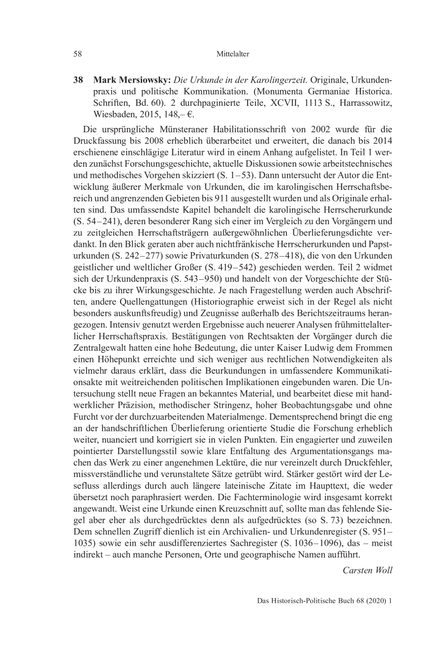 Mark Mersiowsky: Die Urkunde in der Karolingerzeit. Originale, Urkundenpraxis und politische Kommunikation