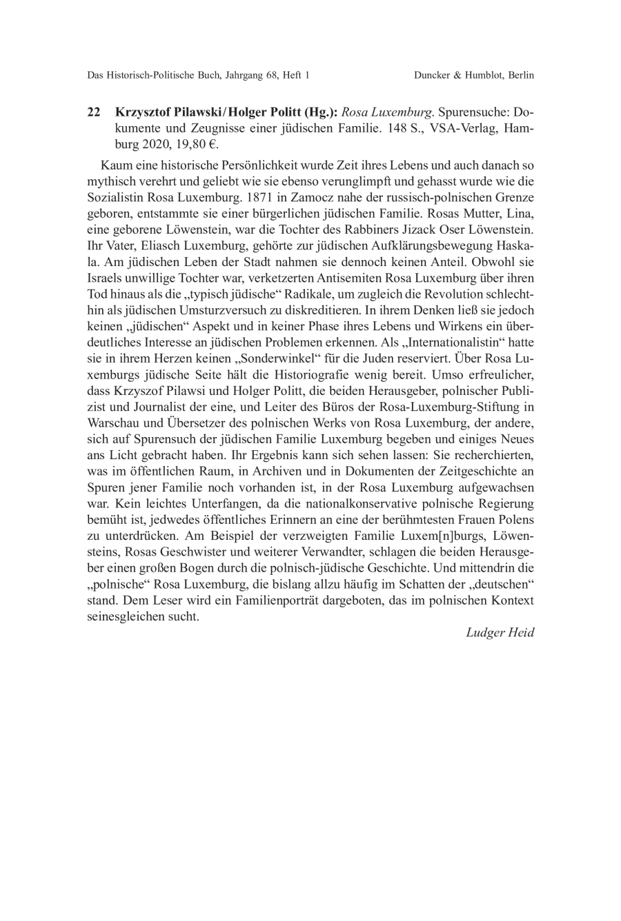 Krzysztof Pilawski / Holger Politt (Hg.): Rosa Luxemburg. Spurensuche: Dokumente und Zeugnisse einer jüdischen Familien