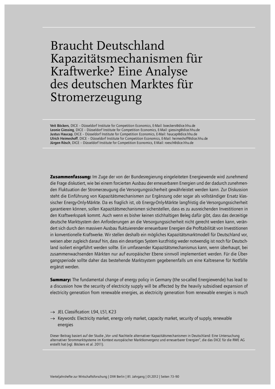 Braucht Deutschland Kapazitätsmechanismen für Kraftwerke Eine Analyse des deutschen Marktes für Stromerzeugung