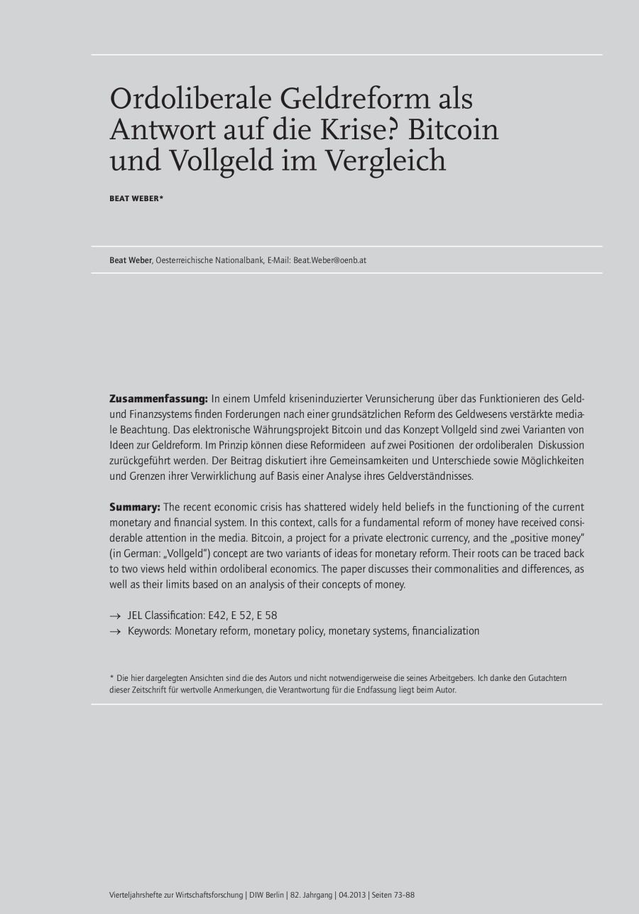Ordoliberale Geldreform als Antwort auf die Krise Bitcoin und Vollgeld im Vergleich