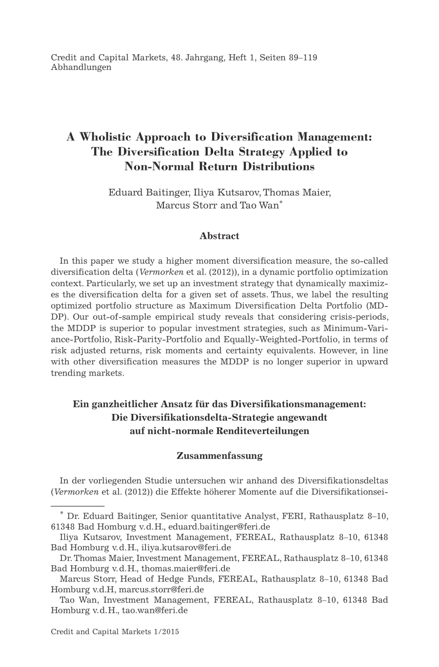 A Wholistic Approach to Diversification Management: The Diversification Delta Strategy Applied to Non-Normal Return Distributions