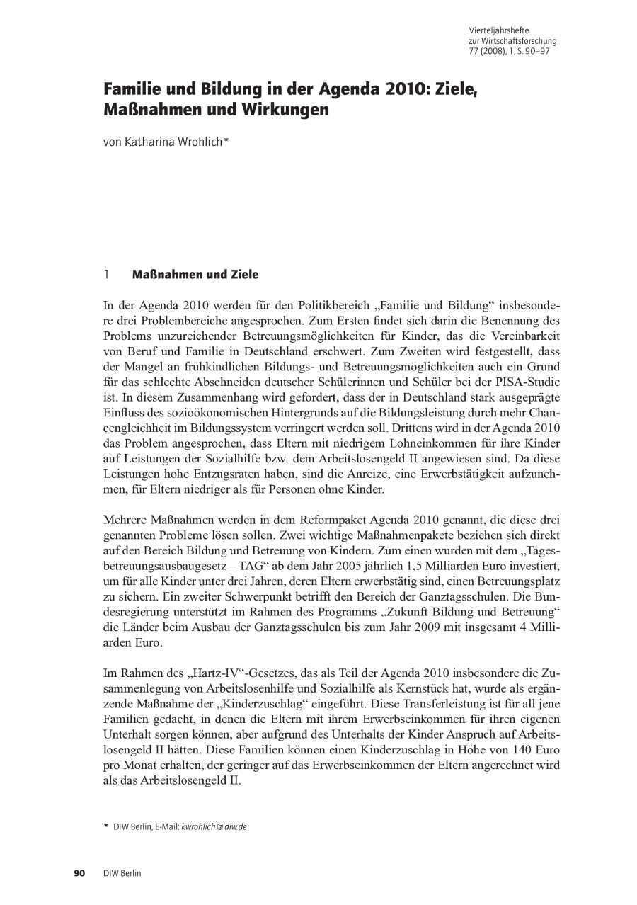 Familie und Bildung in der Agenda 2010: Ziele, Maßnahmen und Wirkungen
