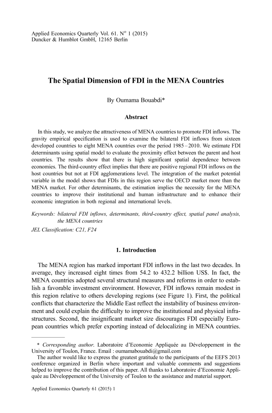 The Spatial Dimension of FDI in the MENA Countries