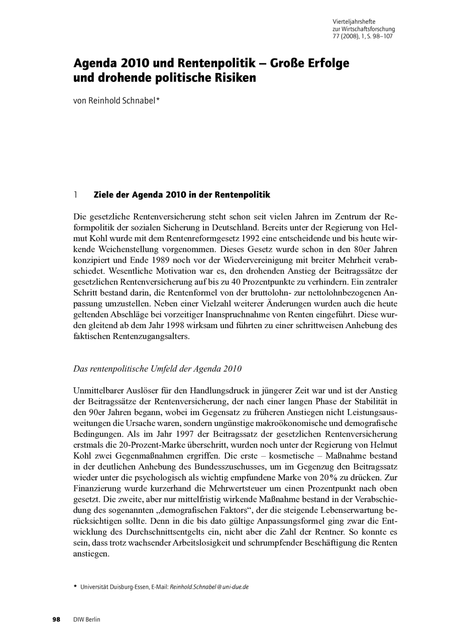 Agenda 2010 und Rentenpolitik – Große Erfolge und drohende politische Risiken