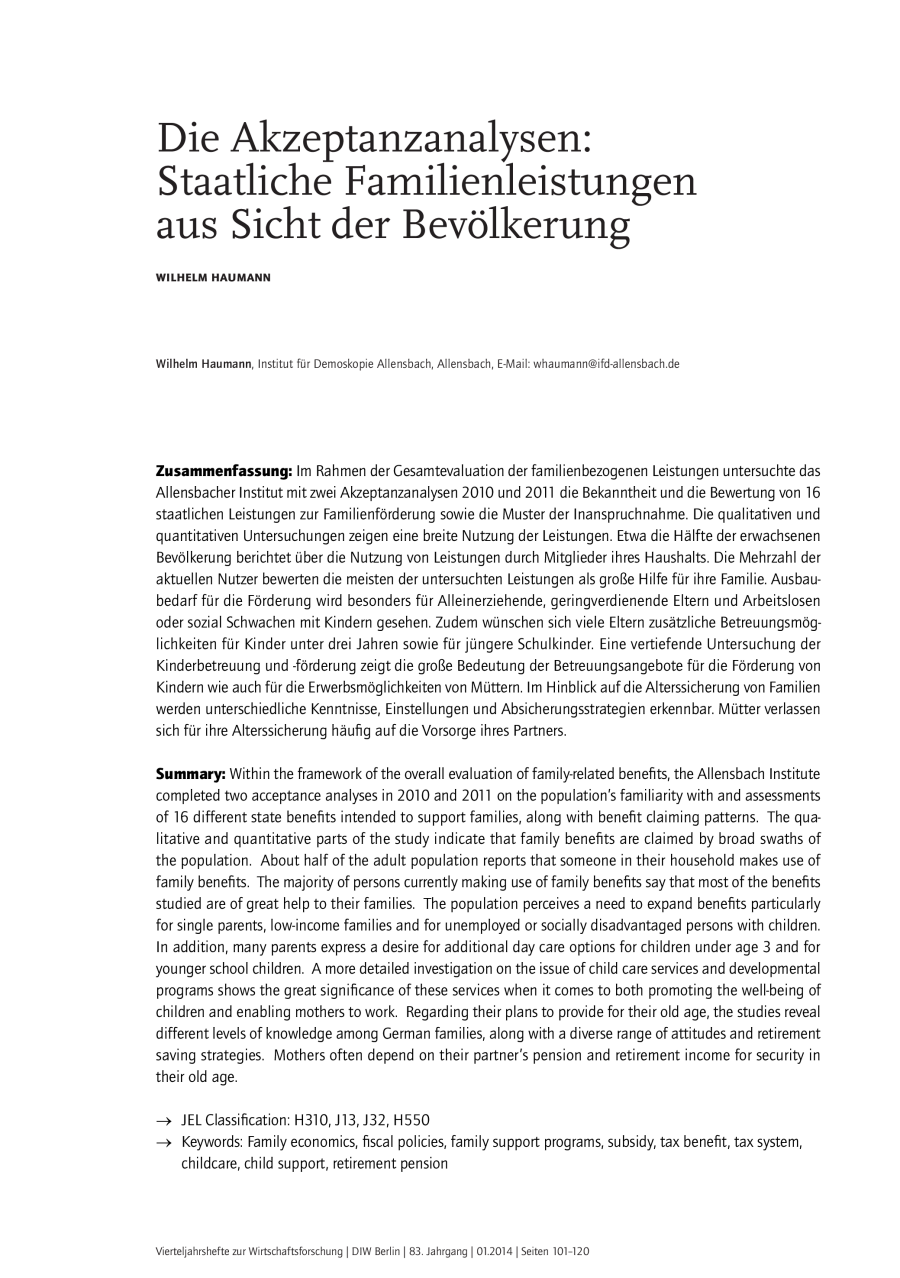 Die Akzeptanzanalysen: Staatliche Familienleistungen aus Sicht der Bevölkerung