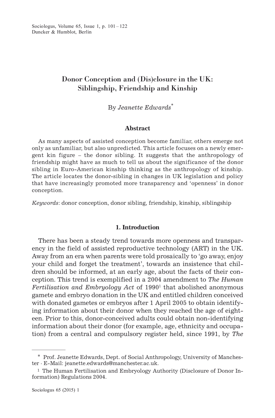 Donor Conception and (Dis)closure in the UK: Siblingship, Friendship and Kinship