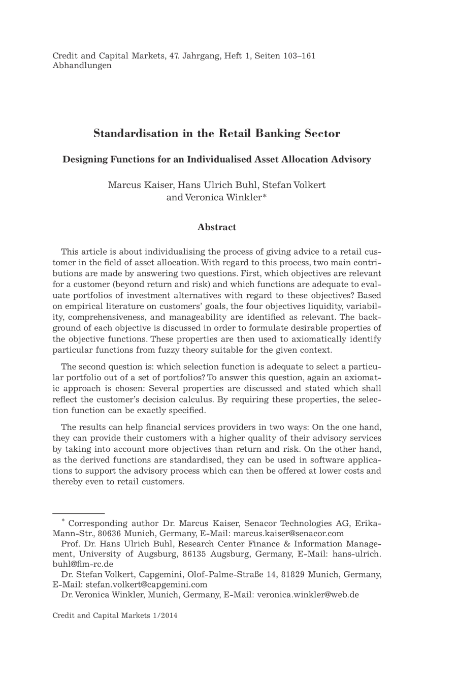 Standardisation in the Retail Banking Sector. Designing Functions for an Individualised Asset Allocation Advisory