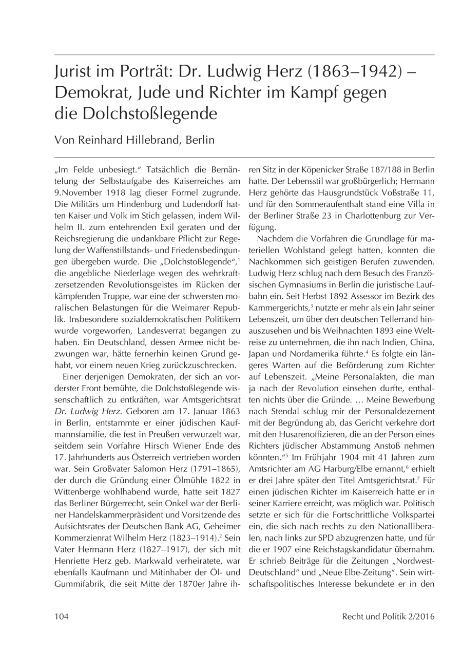 Jurist im Porträt: Dr. Ludwig Herz (1863–1942) – Demokrat, Jude und Richter im Kampf gegen die Dolchstoßlegende