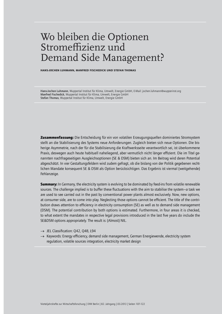 Wo bleiben die Optionen Stromeffizienz und Demand Side Management