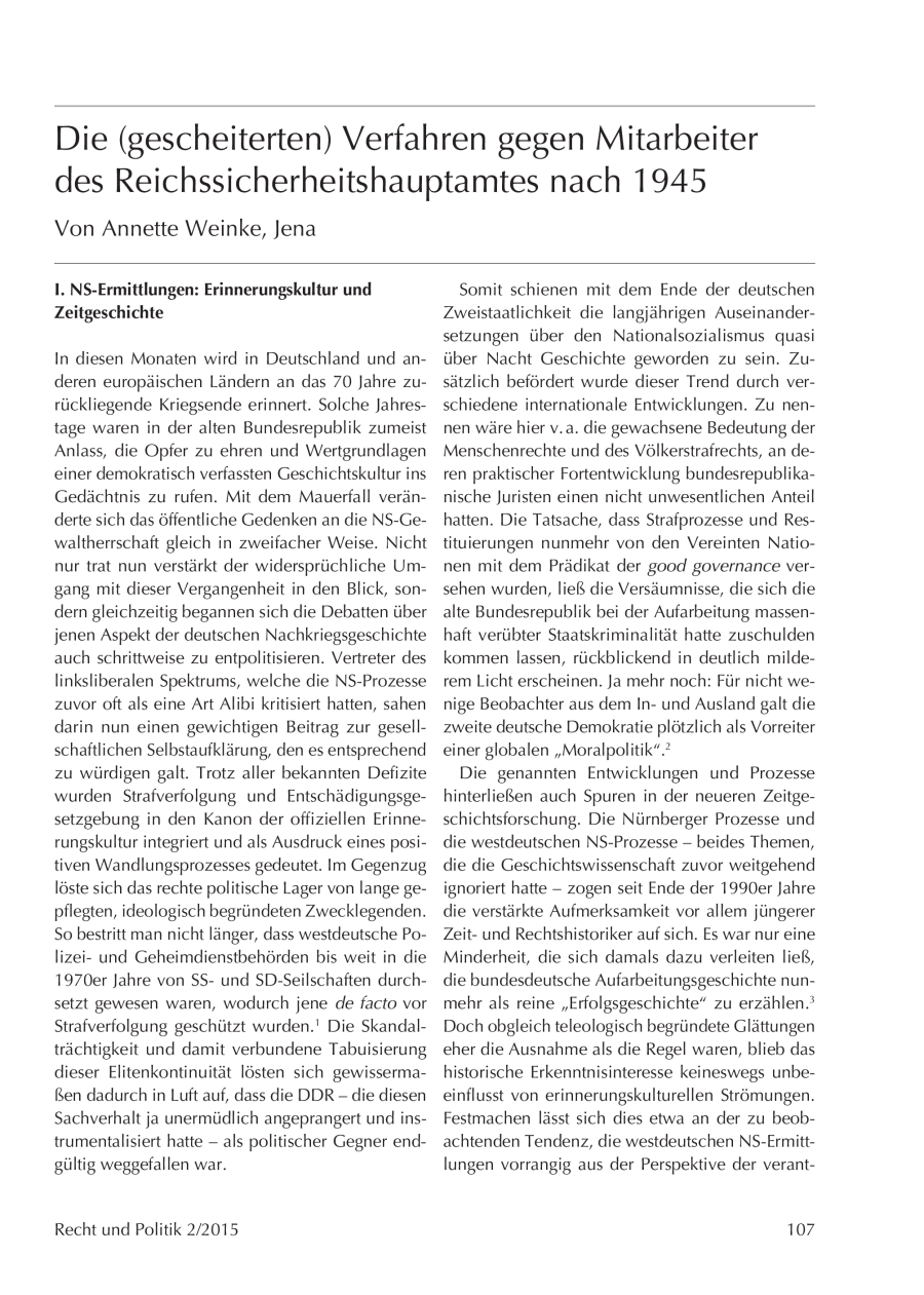 Die (gescheiterten) Verfahren gegen Mitarbeiter des Reichssicherheitshauptamtes nach 1945