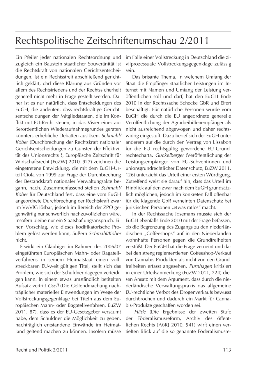 Rechtspolitische Zeitschriftenumschau 2/2011