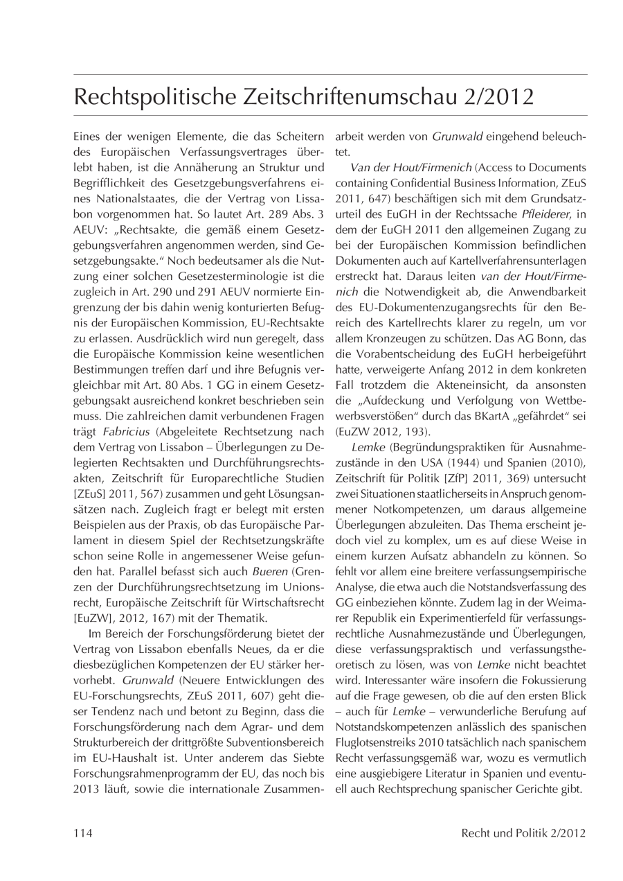 Rechtspolitische Zeitschriftenumschau 2/2012