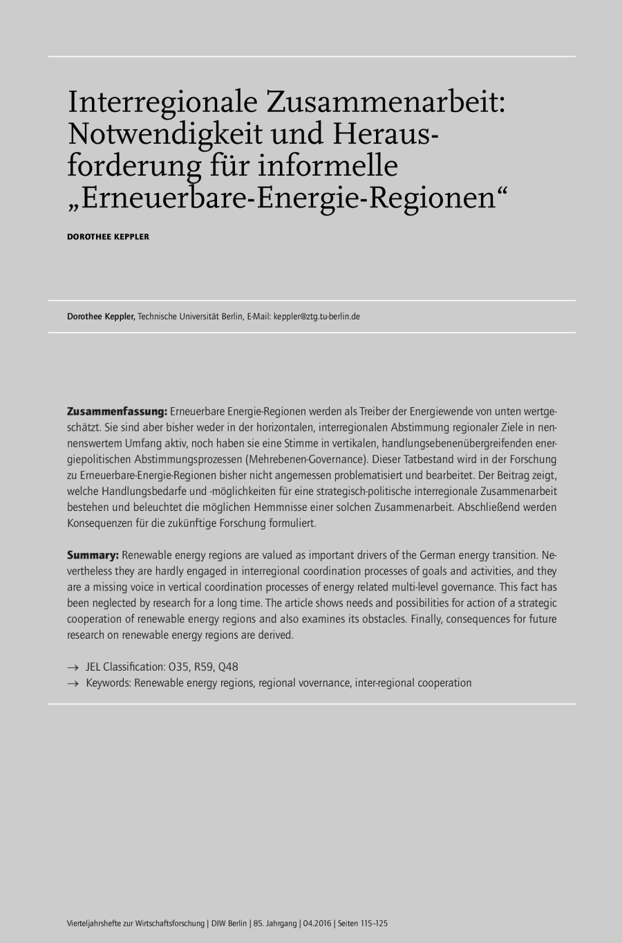Interregionale Zusammenarbeit: Notwendigkeit und Herausforderung für informelle "Erneuerbare-Energie-Regionen„