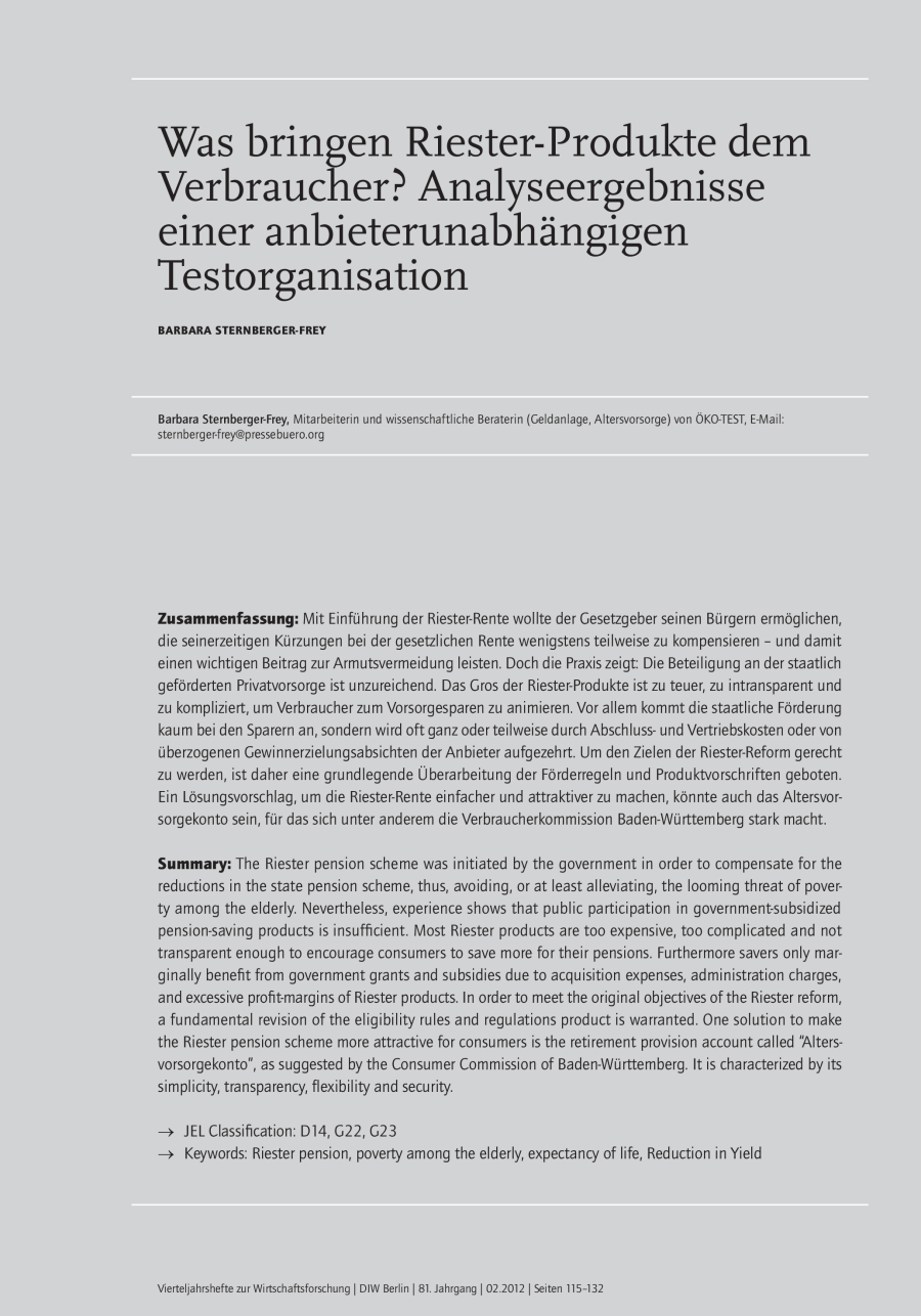 Was bringen Riester-Produkte dem Verbraucher Analyseergebnisse einer anbieterunabhängigen Testorganisation