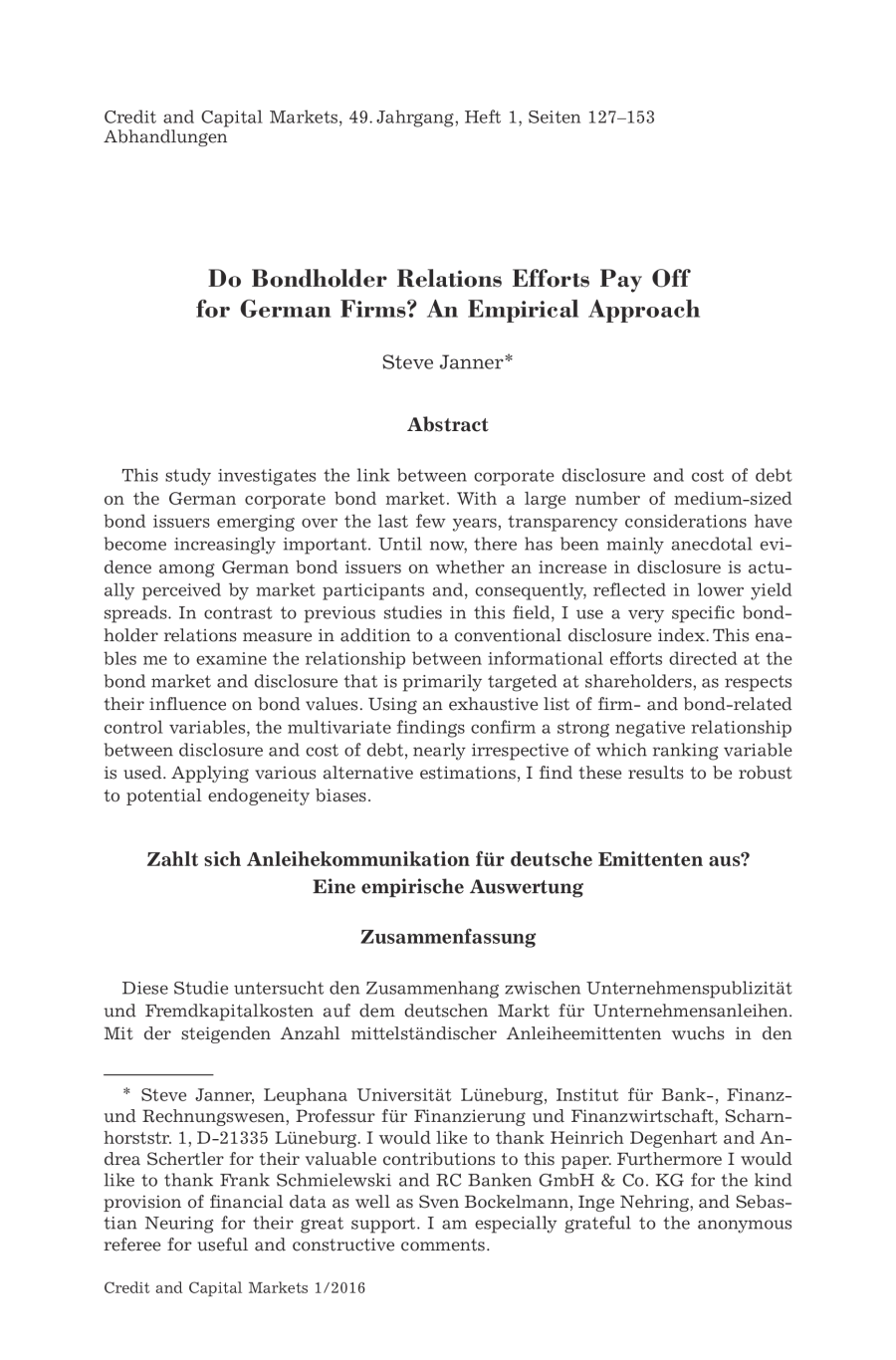 Do Bondholder Relations Efforts Pay Off for German Firms? An Empirical Approach