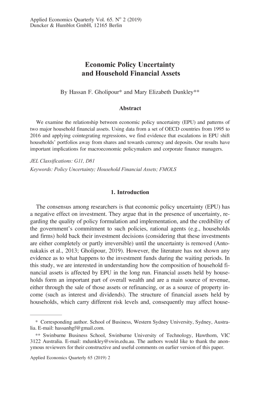Economic Policy Uncertainty and Household Financial Assets