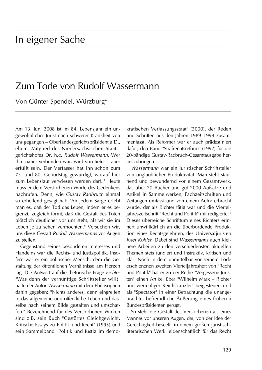 Zum Tode von Rudolf Wassermann