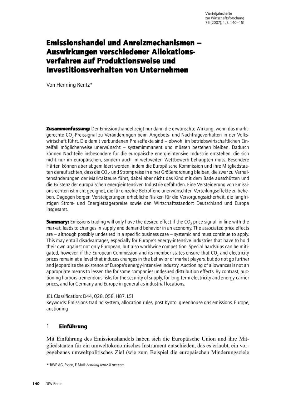 Emissionshandel und Anreizmechanismen – Auswirkungen verschiedener Allokationsverfahren auf Produktionsweise und Investitionsverhalten von Unternehmen