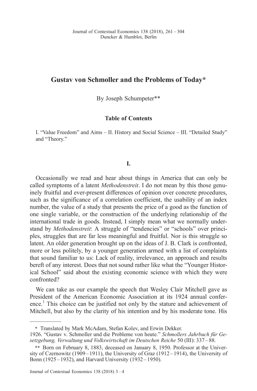 Gustav von Schmoller and the Problems of Today