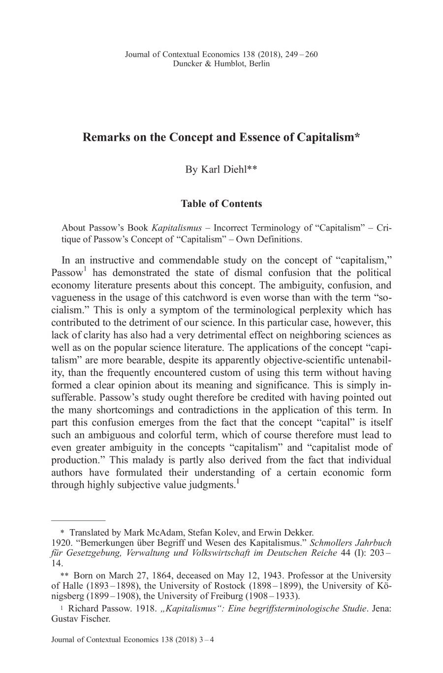 Remarks on the Concept and Essence of Capitalism