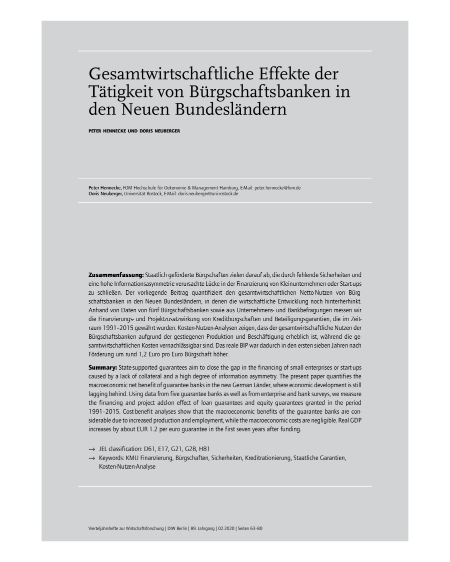 Gesamtwirtschaftliche Effekte der Tätigkeit von Bürgschaftsbanken in den Neuen Bundesländern