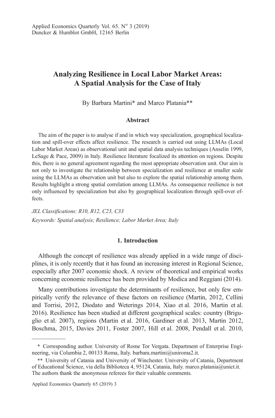 Analyzing Resilience in Local Labor Market Areas: A Spatial Analysis for the Case of Italy