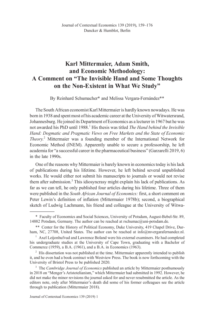 Karl Mittermaier, Adam Smith, and Economic Methodology: A Comment on “The Invisible Hand and Some Thoughts on the Non-Existent in What We Study”