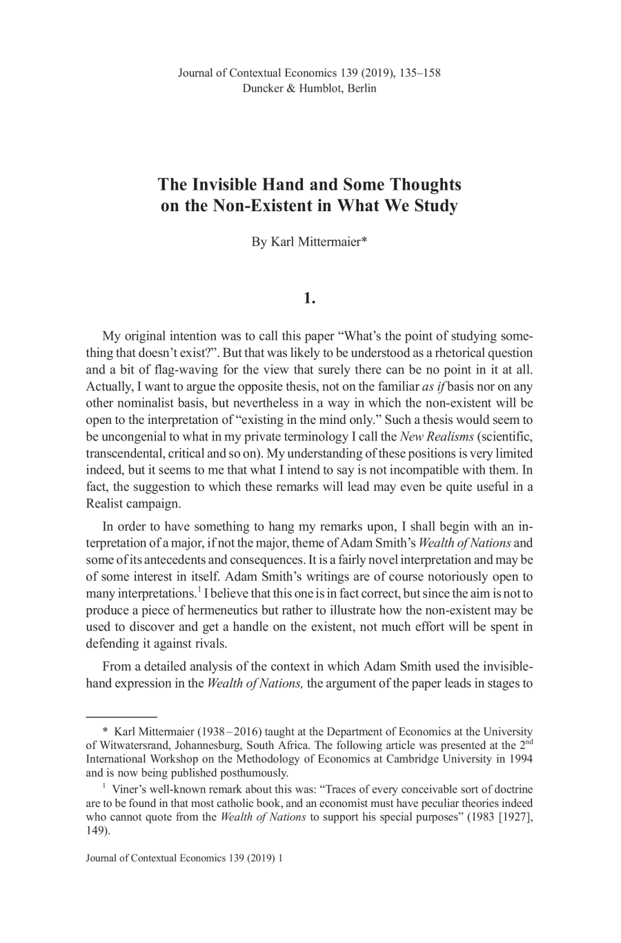 The Invisible Hand and Some Thoughts on the Non-Existent in What We Study