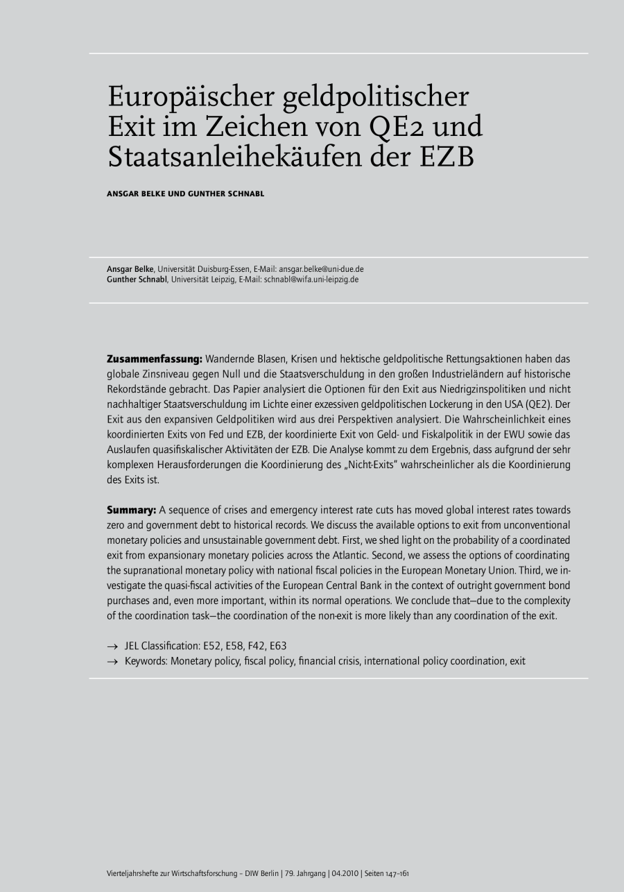 Europäischer geldpolitischer Exit im Zeichen von QE2 und Staatsanleihekäufen der EZB