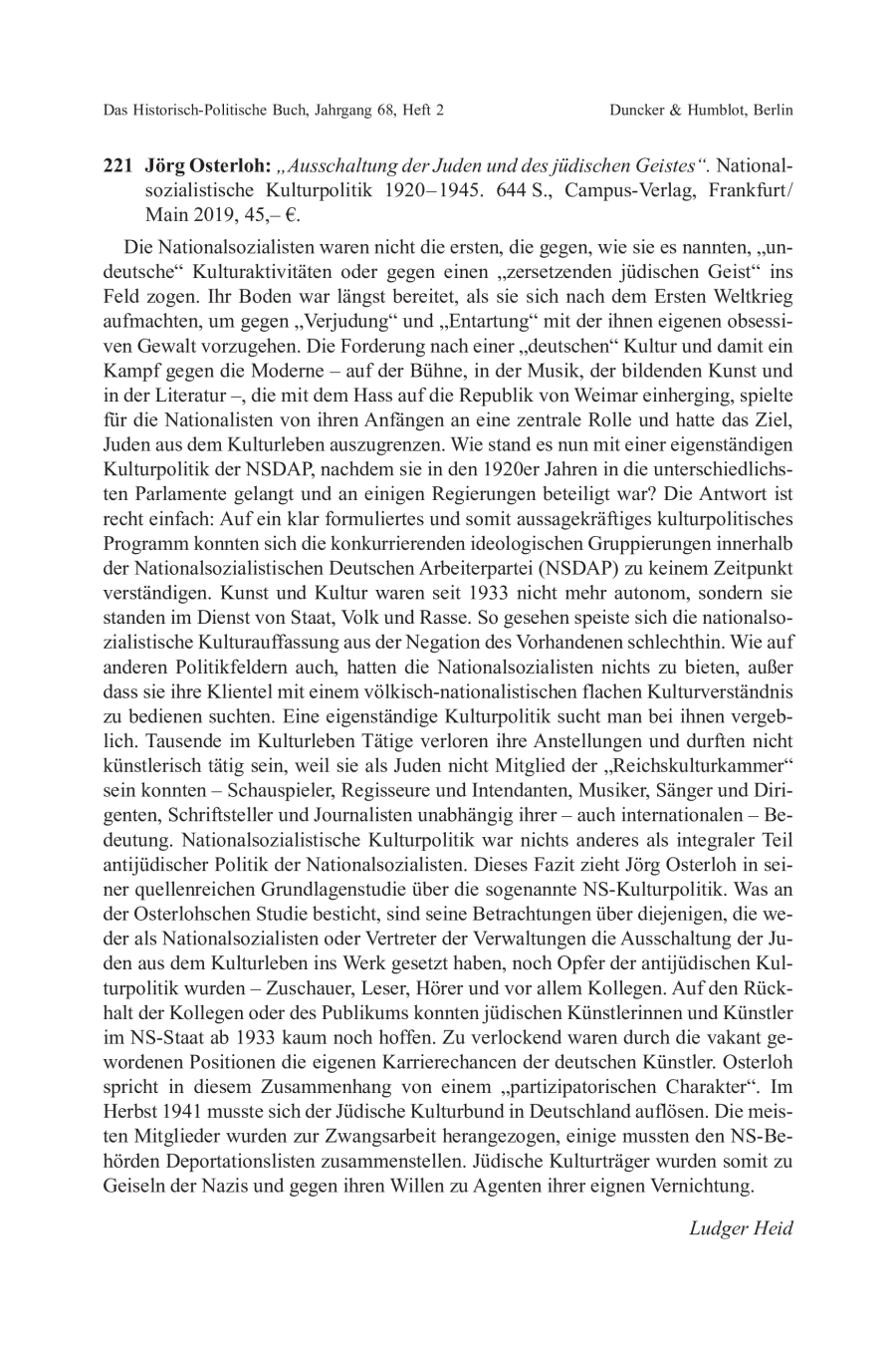 Jörg Osterloh: „Ausschaltung der Juden und des jüdischen Geistes“. Nationalsozialistische Kulturpolitik 1920–1945