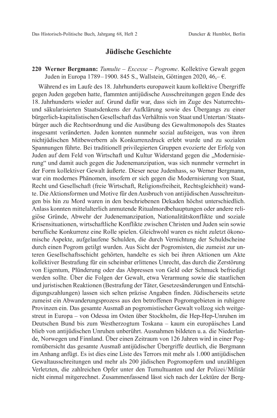 Werner Bergmann: Tumulte – Excesse – Pogrome. Kollektive Gewalt gegen Juden in Europa 1789–1900