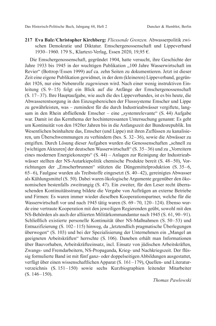 Eva Balz / Christopher Kirchberg: Fliessende Grenzen. Abwasserpolitik zwischen Demokratie und Diktatur. Emschergenossenschaft und Lippeverband 1930–1960