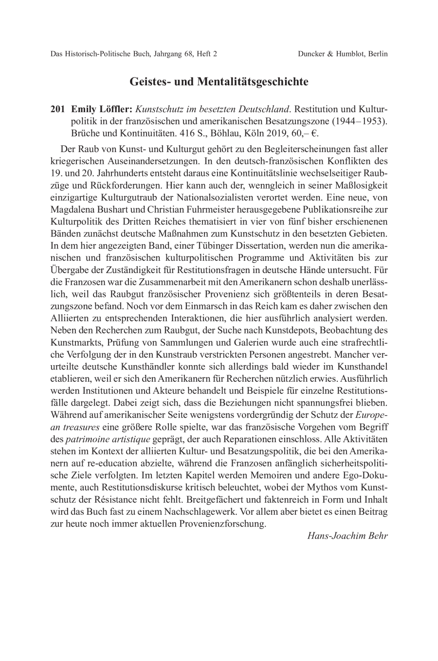 Emily Löffler: Kunstschutz im besetzten Deutschland. Restitution und Kulturpolitik in der französischen und amerikanischen Besatzungszone (1944–1953). Brüche und Kontinuitäten
