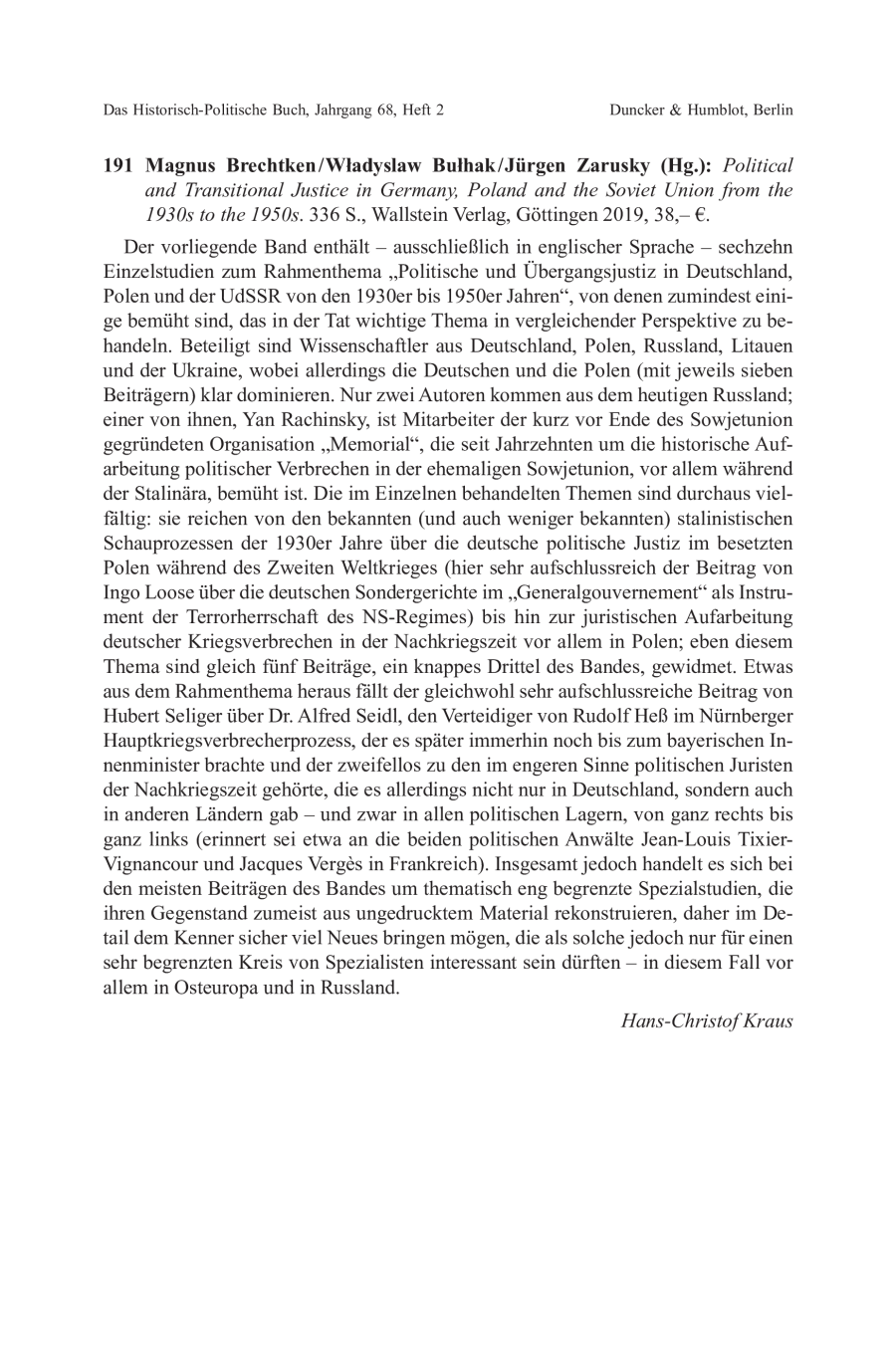 Magnus Brechtken / Władyslaw Bułhak / Jürgen Zarusky (Hg.): Political and Transitional Justice in Germany, Poland and the Soviet Union from the 1930s to the 1950s