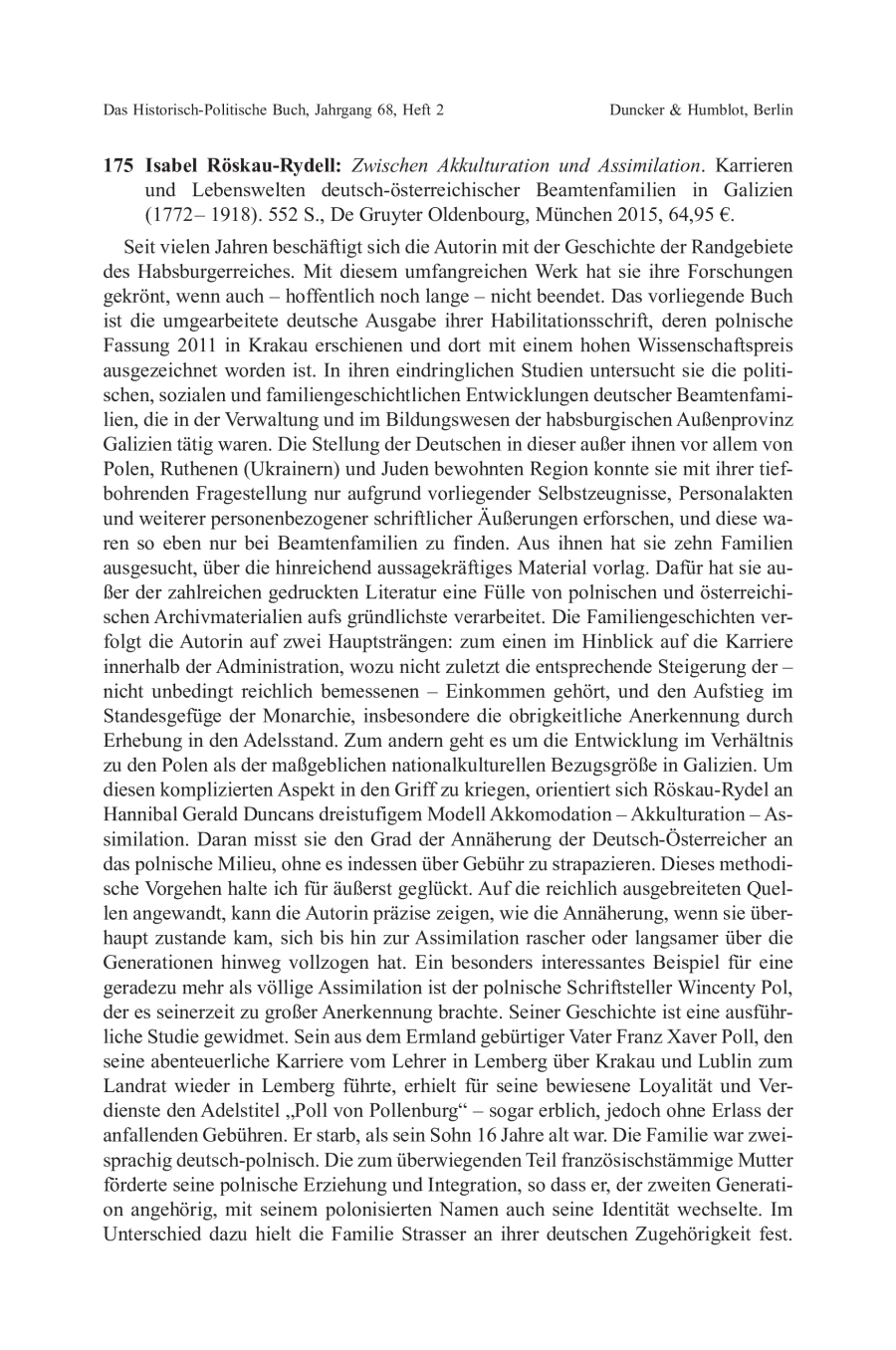 Isabel Röskau-Rydell: Zwischen Akkulturation und Assimilation. Karrieren und Lebenswelten deutsch-österreichischer Beamtenfamilien in Galizien (1772–1918)