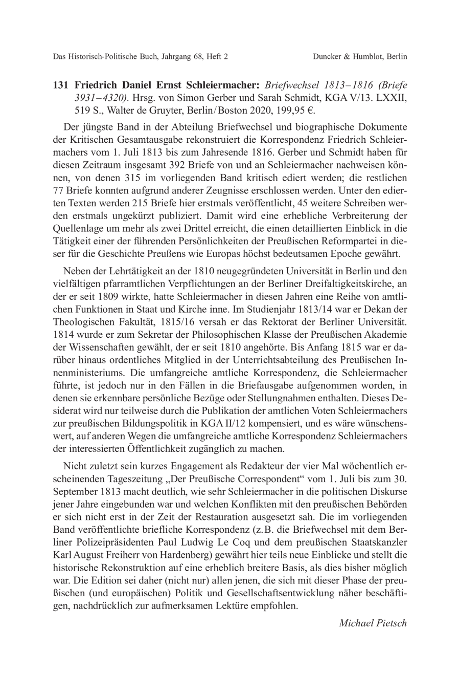 Friedrich Daniel Ernst Schleiermacher: Briefwechsel 1813–1816 (Briefe 3931–4320)