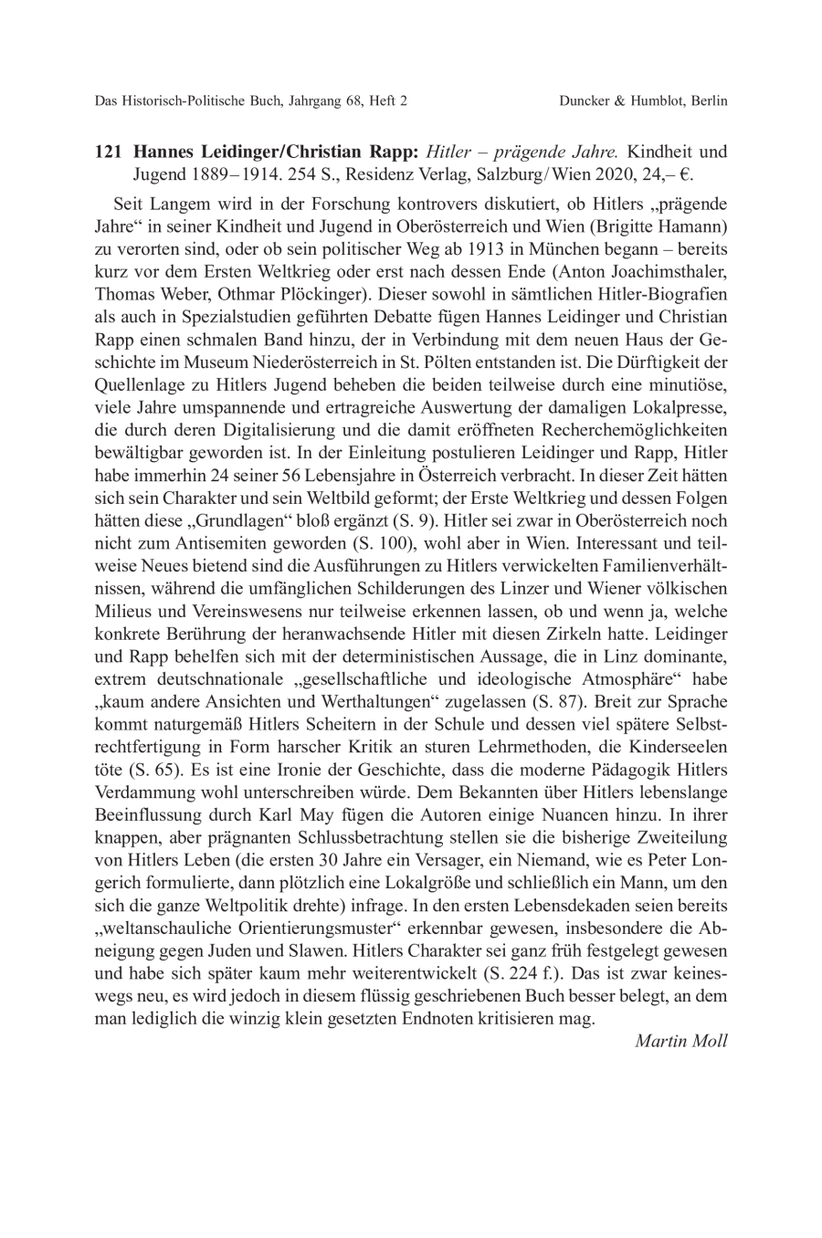 Hannes Leidinger / Christian Rapp: Hitler – prägende Jahre. Kindheit und Jugend 1889–1914