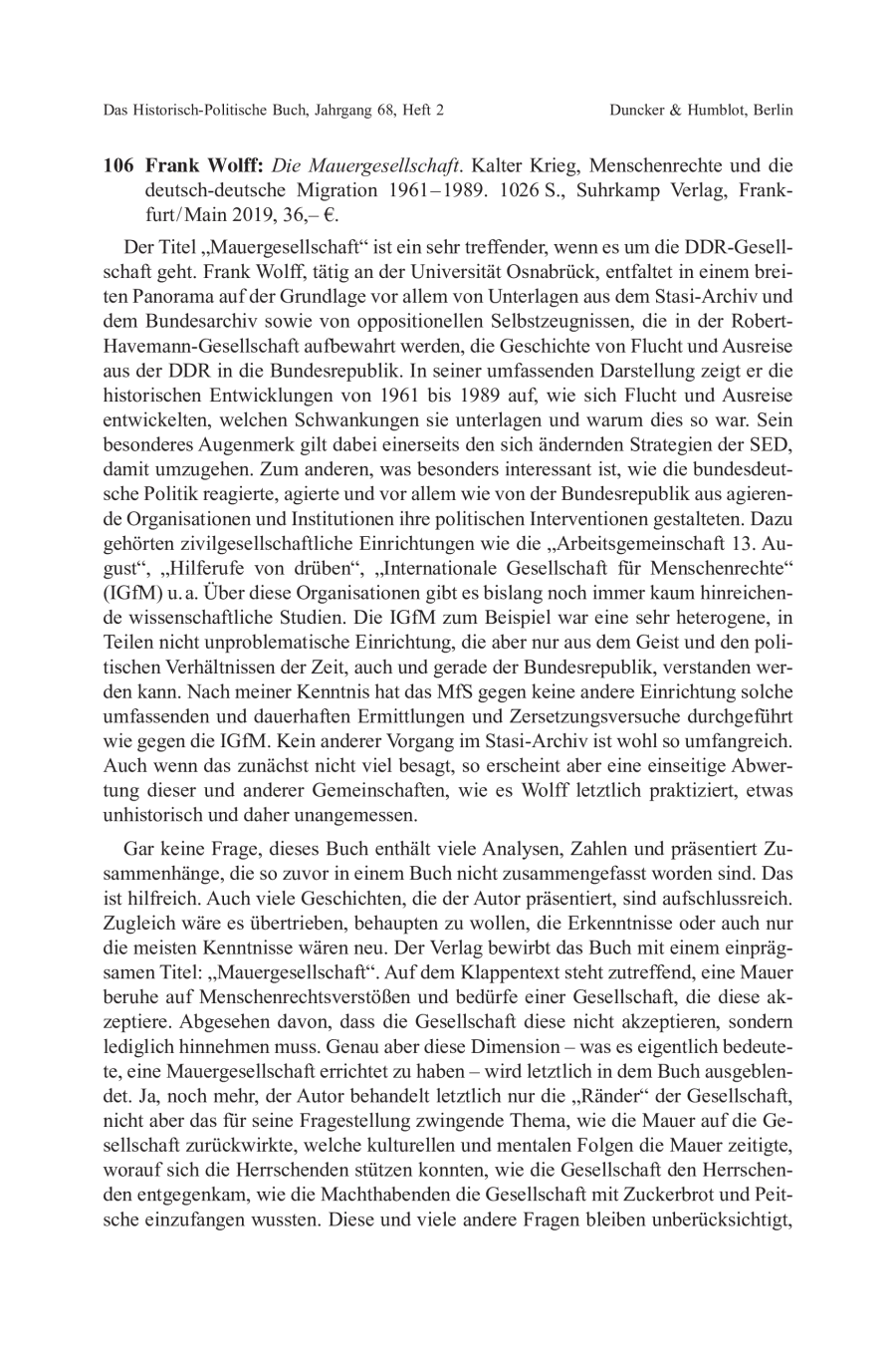 Frank Wolff: Die Mauergesellschaft. Kalter Krieg, Menschenrechte und die deutsch-deutsche Migration 1961–1989