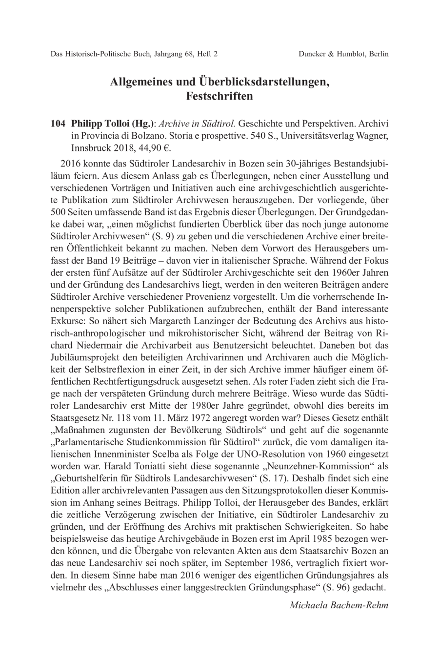 Philipp Tolloi (Hg.): Archive in Südtirol. Geschichte und Perspektiven. Archivi in Provincia di Bolzano. Storia e prospettive