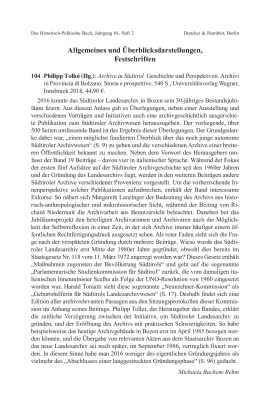 Philipp Tolloi (Hg.): Archive in Südtirol. Geschichte und Perspektiven. Archivi in Provincia di Bolzano. Storia e prospettive