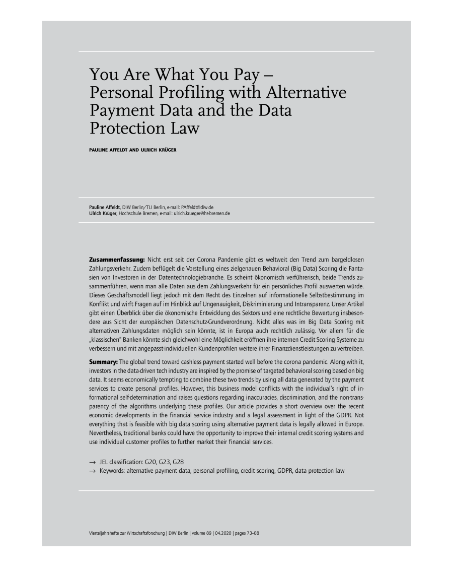 You Are What You Pay – Personal Profiling with Alternative Payment Data and the Data Protection Law