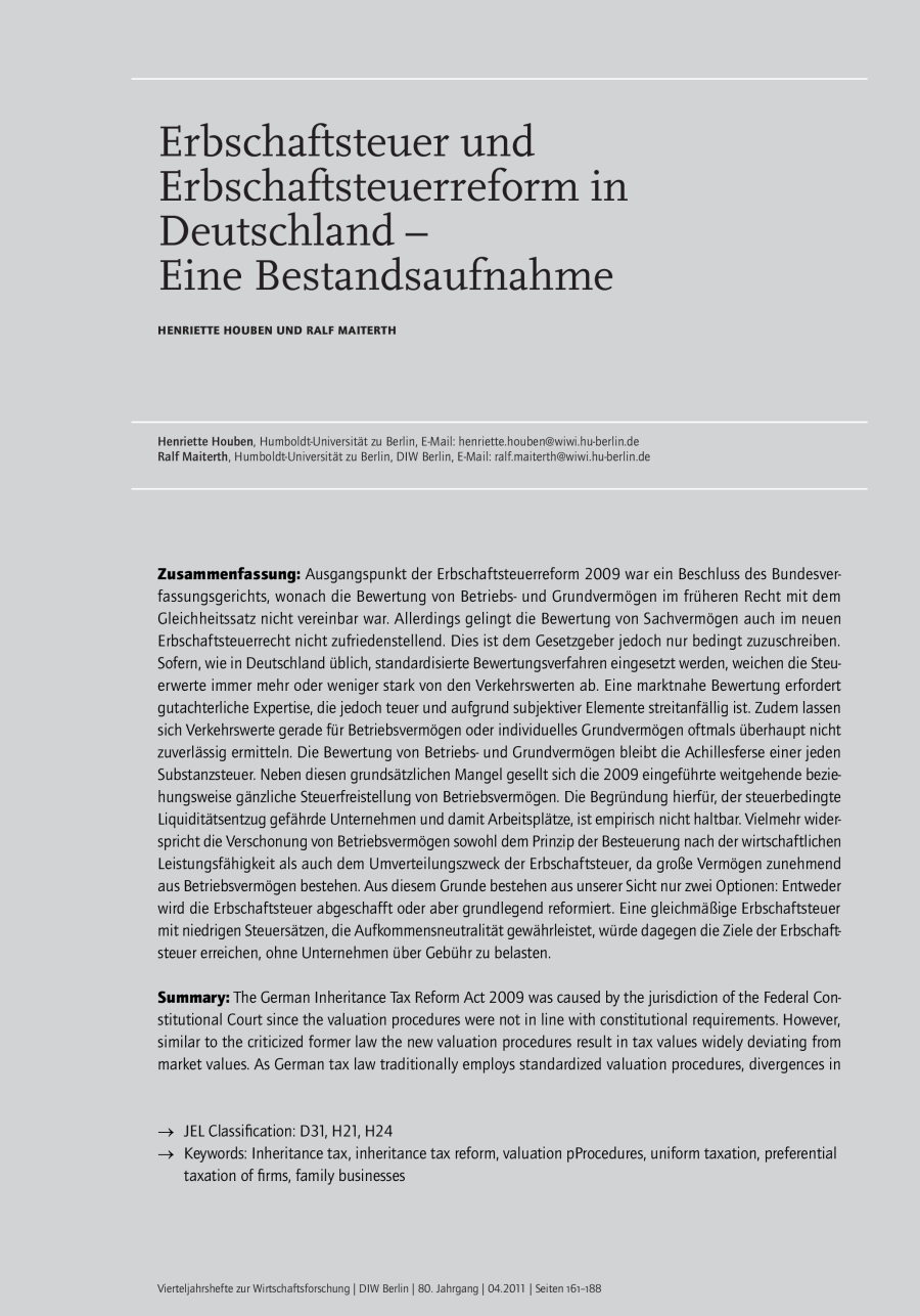 Erbschaftsteuer und Erbschaftsteuerreform in Deutschland – Eine Bestandsaufnahme