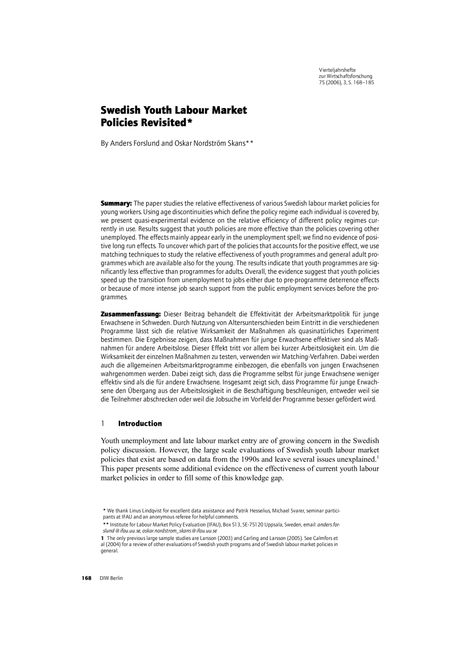 Swedish Youth Labour Market Policies Revisited
