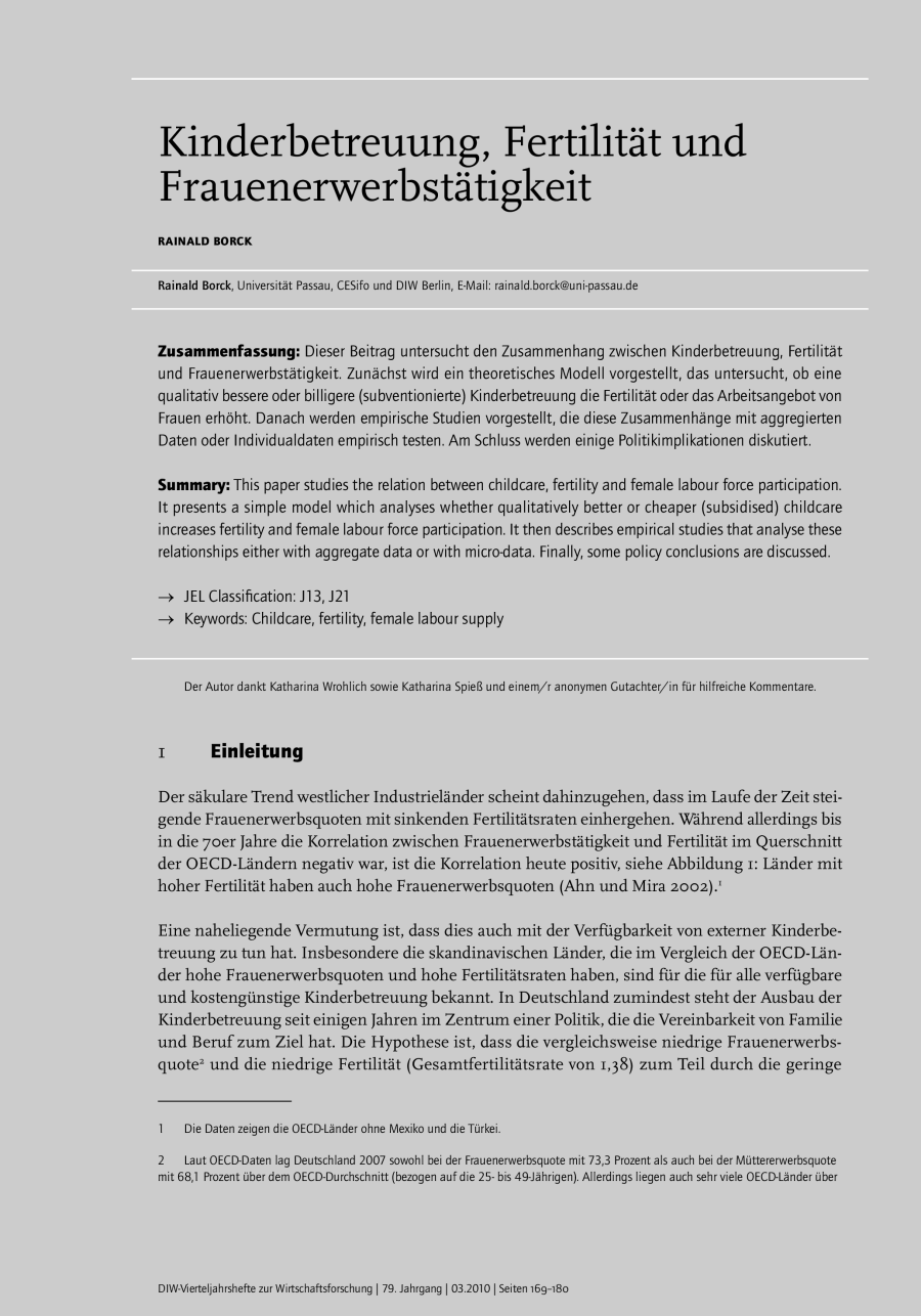 Kinderbetreuung, Fertilität und Frauenerwerbstätigkeit