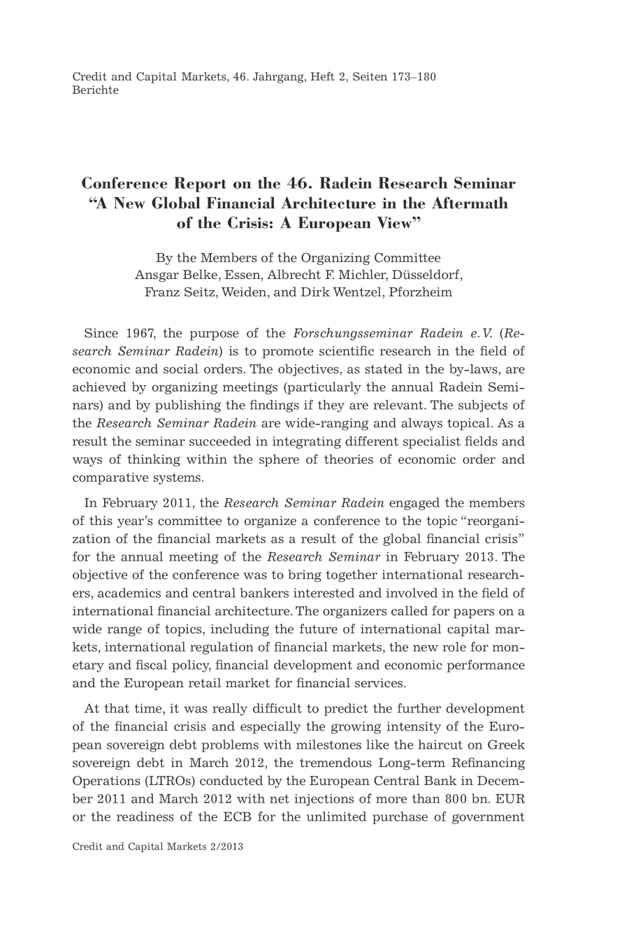Conference Report on the 46. Radein Research Seminar „A New Global Financial Architecture in the Aftermath of the Crisis: A European View"