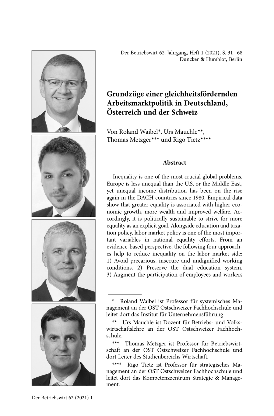 Grundzüge einer gleichheitsfördernden Arbeitsmarktpolitik in Deutschland, Österreich und der Schweiz